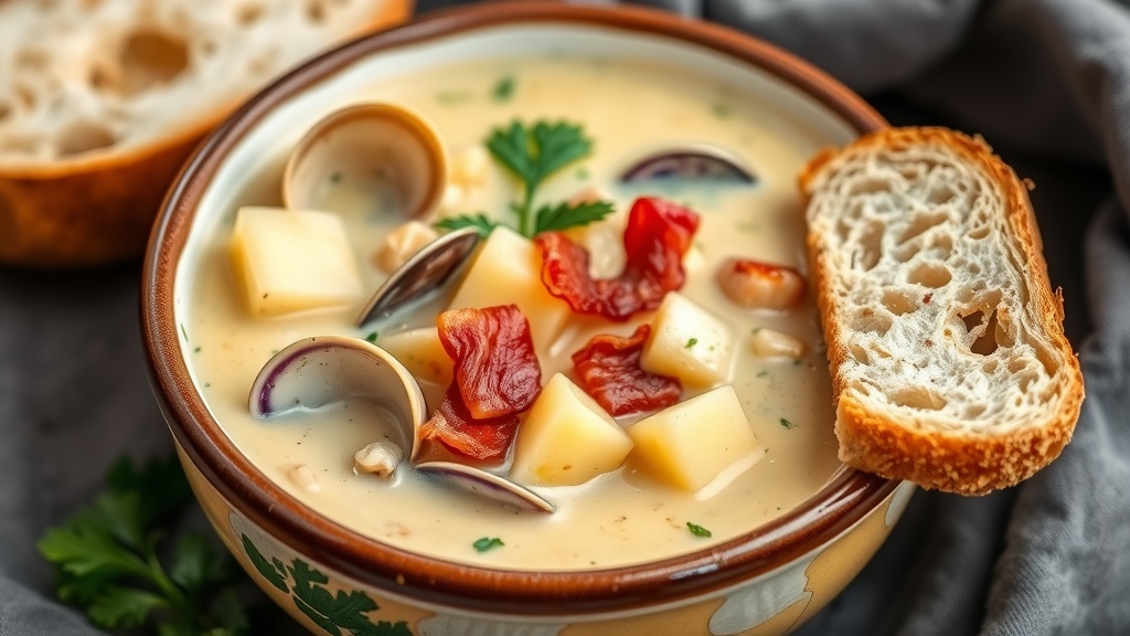 Creamy New England Clam Chowder Recipe A bowl of creamy clam chowder with clams, potatoes, and bacon, garnished with parsley, on a rustic wooden table with bread.